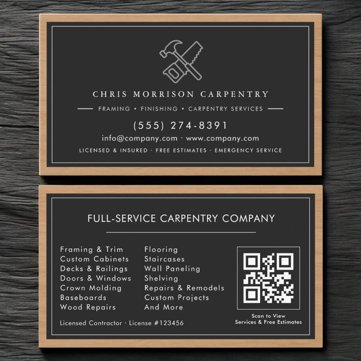 Rustic QR Code Carpenter Carpentry Services Business Card