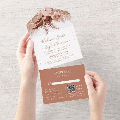 Rustic QR Code Terracotta Pampas Grass Wedding All In One Invitation