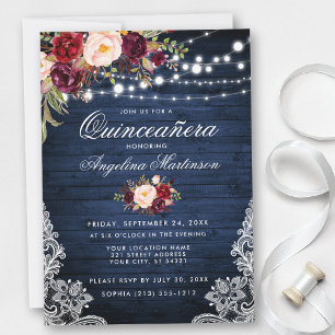 Rustic Quinceanera Blue Wood Burgundy Floral Invitation