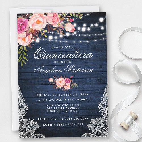 Rustic Quinceanera Blue Wood Lights Pink Floral Invitation