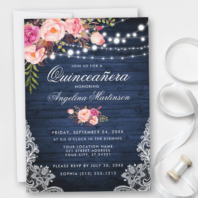Rustic Quinceanera Blue Wood Lights Pink Floral Invitation (Customize to add more text or photos to back of card.)