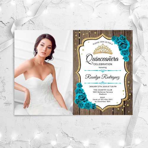 Rustic Quinceanera Party With Photo _ Gold Teal Invitation