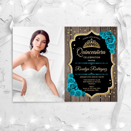 Rustic Quinceanera Party With Photo _ Teal Gold Invitation