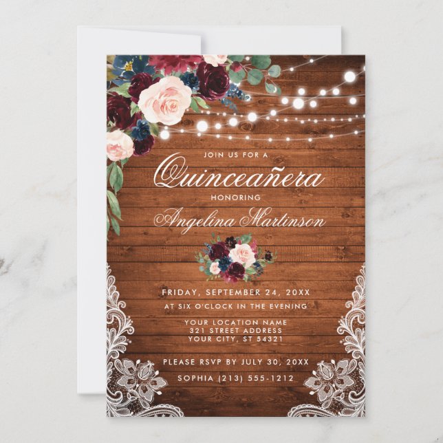 Rustic Quinceanera Wood Burgundy Blue Floral Invitation (Front)