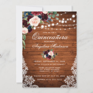 Rustic Quinceanera Wood Burgundy Blue Floral Invitation