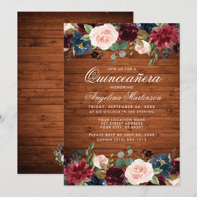 Rustic Quinceanera Wood Burgundy Blue Pink Floral Invitation (Front/Back)