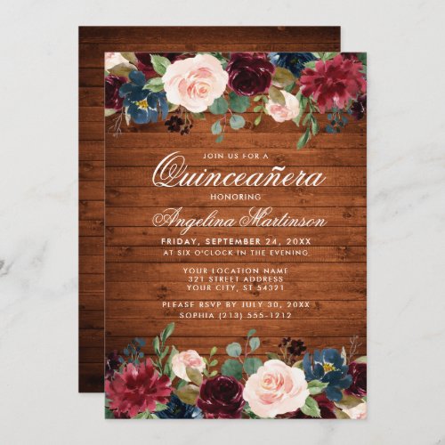 Rustic Quinceanera Wood Burgundy Blue Pink Floral Invitation