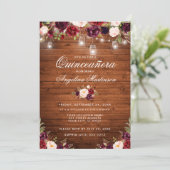 Rustic Quinceanera Wood Jar Lights Burgundy Floral Invitation (Standing Front)