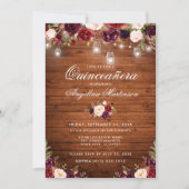 Rustic Quinceanera Wood Jar Lights Burgundy Floral Invitation (Front)