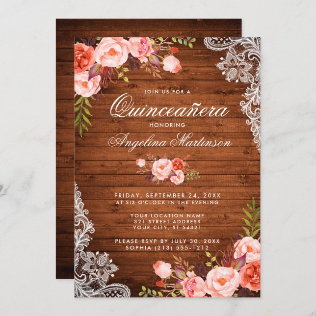 Rustic Quinceanera Wood Lace Coral Floral Invitation (Front/Back)