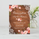 Rustic Quinceanera Wood Lace Coral Floral Invitation (Standing Front)