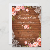 Rustic Quinceanera Wood Lace Coral Floral Invitation (Front)
