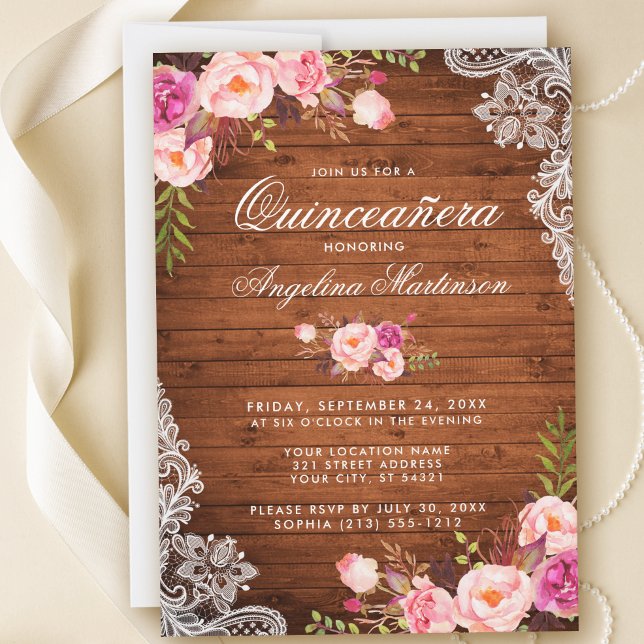 Rustic Quinceanera Wood Lace Pink Floral Invitation