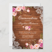 Rustic Quinceanera Wood Lace Pink Floral Invitation (Front)