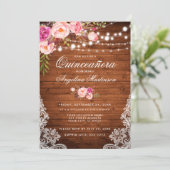 Rustic Quinceanera Wood Lights Lace Pink Floral Invitation (Standing Front)