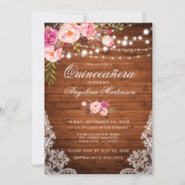 Rustic Quinceanera Wood Lights Lace Pink Floral Invitation (Front)