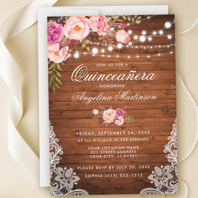 Rustic Quinceanera Wood Lights Lace Pink Floral Invitation | Zazzle