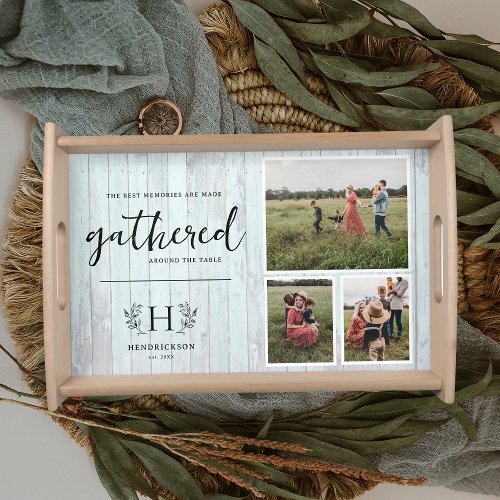Rustic Quote Family Name Monogram 3 Photo Serving Tray