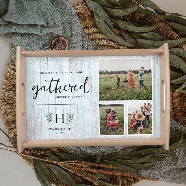 Rustic Quote Family Name Monogram 3 Photo Serving Tray (Creator Uploaded)