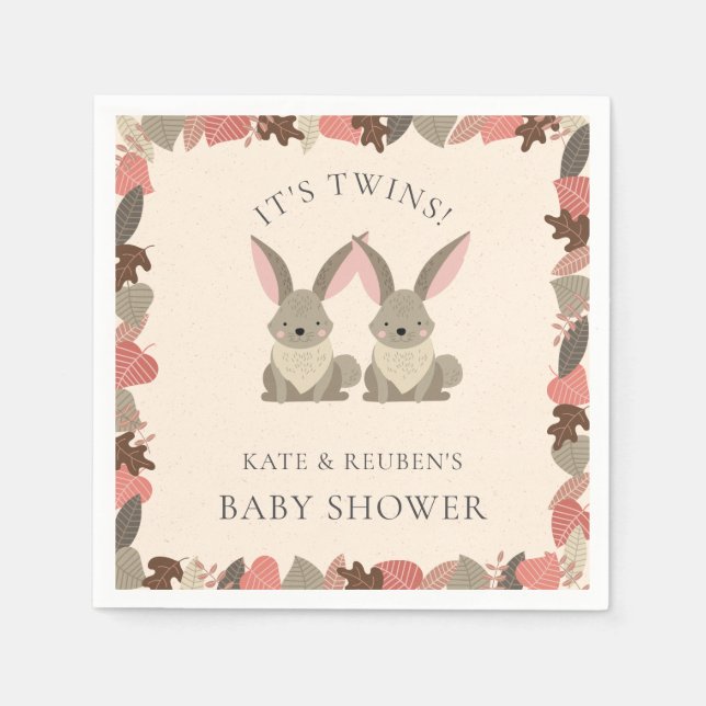 Rustic Rabbit Twins Baby Shower Woodland Animals Napkins (Front)