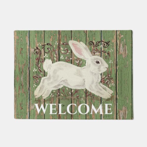 Rustic Rabbit Welcome Green Wood Any Season Doormat