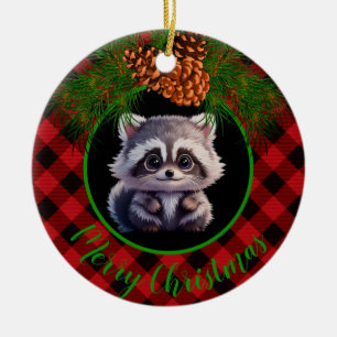 Rustic raccoon black grey plaid pine cone ceramic ornament