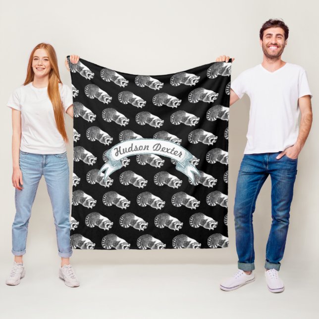 Rustic Raccoon Folk Art Pattern Fleece Blanket (In Situ)