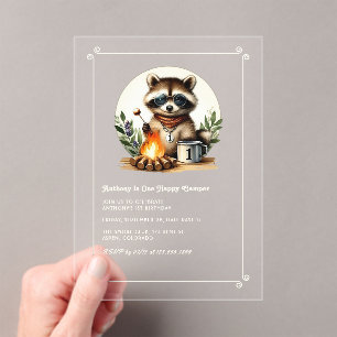 Rustic Raccoon “One Happy Camper” 1st Birthday Acrylic Invitations