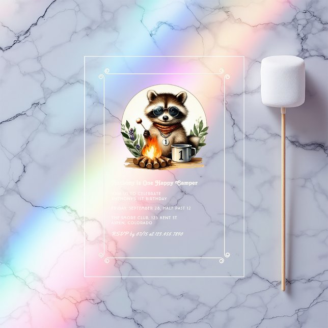 Rustic Raccoon “One Happy Camper” 1st Birthday Acrylic Invitations (Rustic Raccoon “One Happy Camper” 1st Birthday Acrylic Invitations)