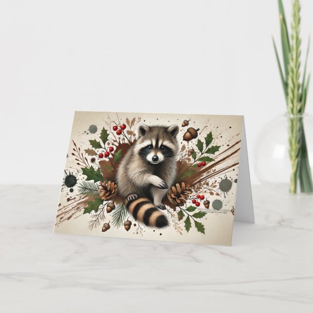 Rustic Raccoon Pine Cones Holly Berries Acorns 4 Holiday Card (Front)