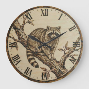 Rustic Raccoon Wall Clock – Wood Burned style 