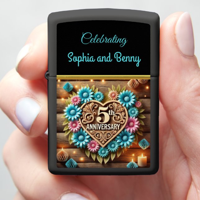 Rustic Radiance 5th Anniversary Floral Splendor Zippo Lighter (In Hand)