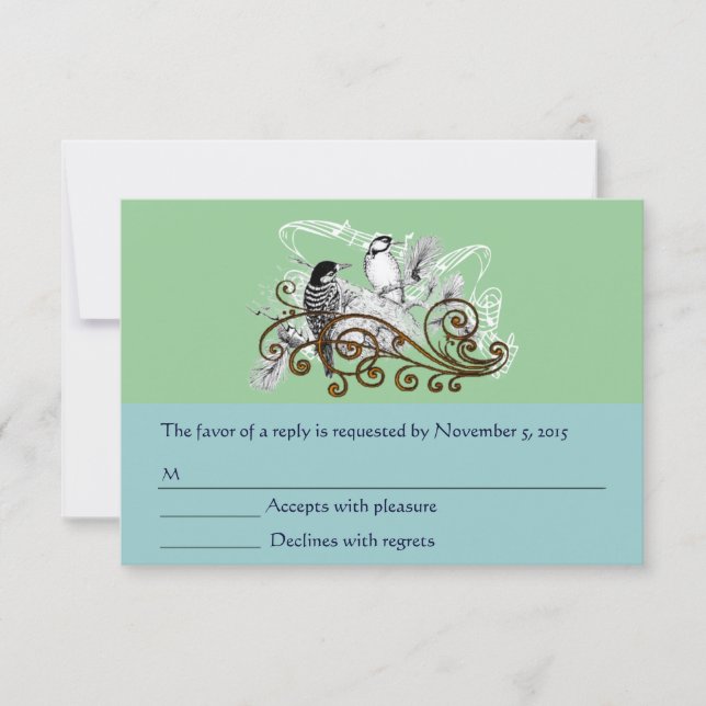 Rustic Radiance Woodpecker Love birds Wedding RSVP Card (Front)