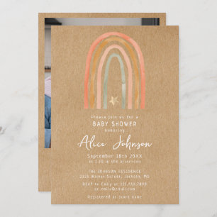 Rustic Rainbow And Star Photo Boho Baby Shower Invitation