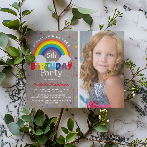 Rustic Rainbow Birthday  Colorful Photo Invitation