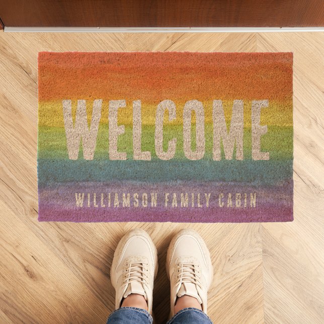 Rustic Rainbow Typography Welcome Family Welcome Fiber Doormat (Rainbow Welcome Family Home Coir Doormat)