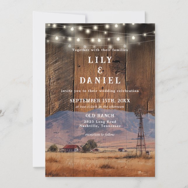 Rustic Ranch Barn Wood String Lights Wedding Invitation (Front)