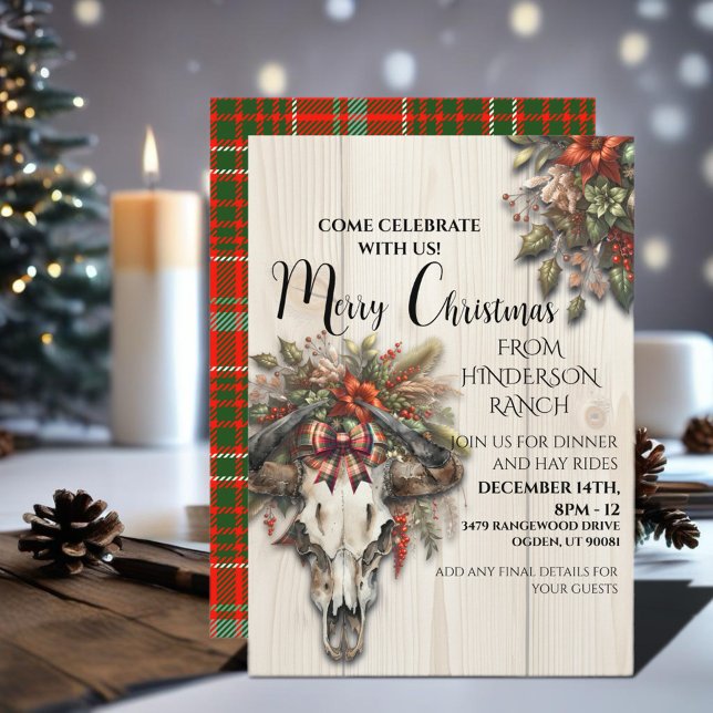 Rustic Ranch Christmas With Cow Skull Invitation (Enjoy this Festive Christmas design! Personalize with your favorite holiday event or greeting. )