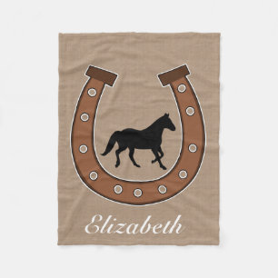 Rustic Ranch Western Horseshoe and Black Horse Fleece Blanket