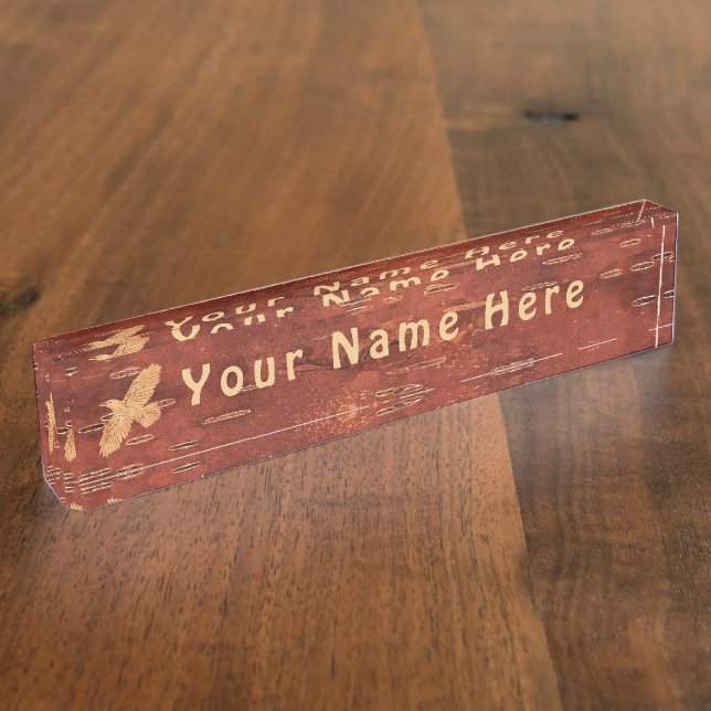 Rustic Raven On Inner Birch Bark Desk Name Plate (Side)