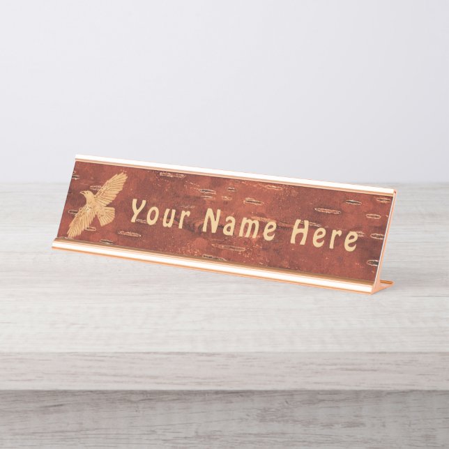 Rustic Raven On Inner Birch Bark Desk Name Plate (Front)
