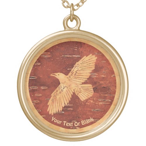 Rustic Raven On Inner Birch Bark Gold Plated Necklace