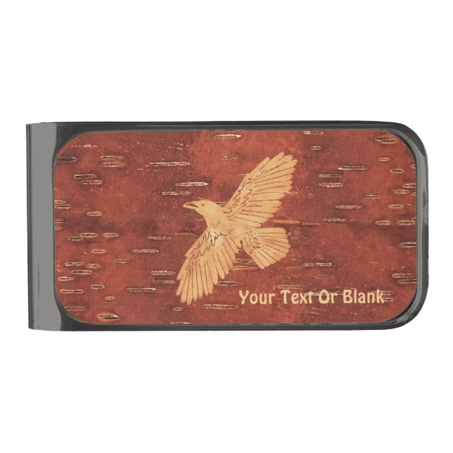 Rustic Raven On Inner Birch Bark Gunmetal Finish Money Clip (Front)
