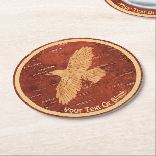 Rustic Raven On Inner Birch Bark Round Paper Coaster