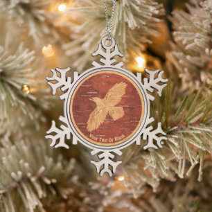 Rustic Raven On Inner Birch Bark Snowflake Pewter Christmas Ornament