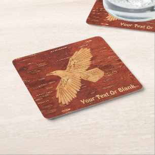 Rustic Raven On Inner Birch Bark Square Paper Coaster