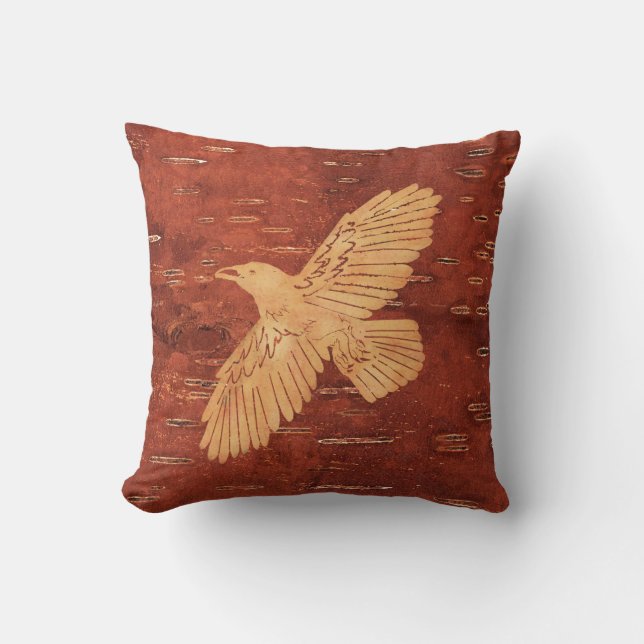 Rustic Raven On Inner Birch Bark Throw Pillow (Front)
