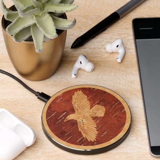 Rustic Raven On Inner Birch Bark Wireless Charger (Desk 2)