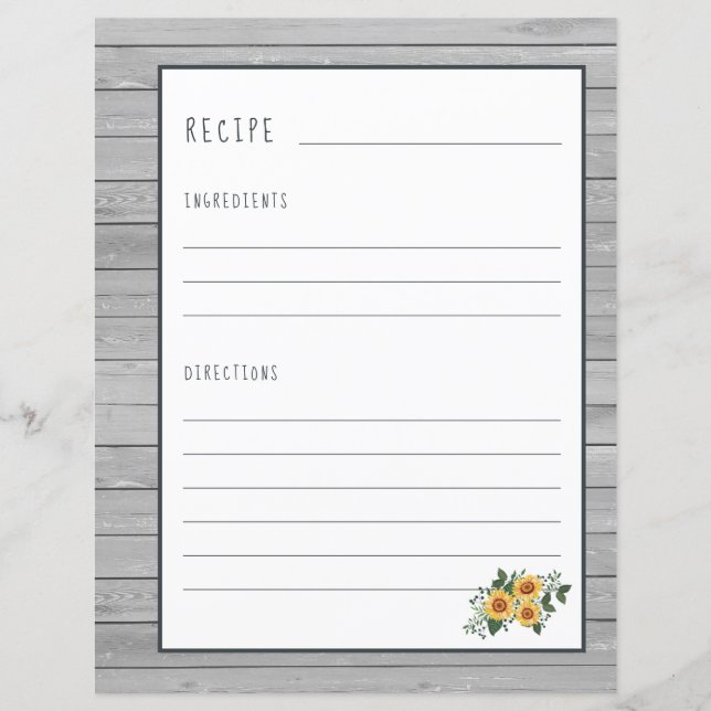 Rustic recipe pages for cookbook binder organizer (Front)