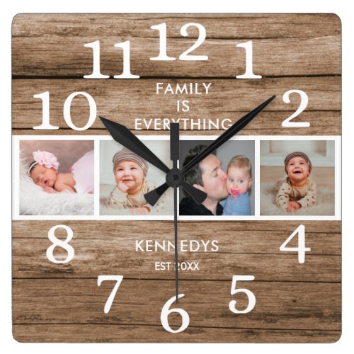 Rustic Reclaimed Wood 4 Photo Family Quote Square Wall Clock